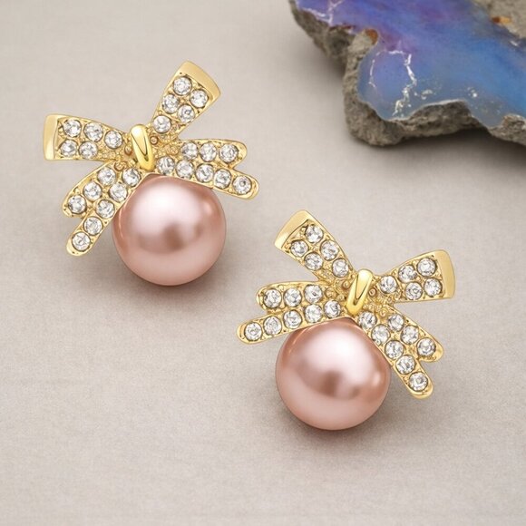 Coquette Pink Pearl Bow Earrings Gold Crystal Ribbon Studs Dainty Balletcore - Picture 14 of 14
